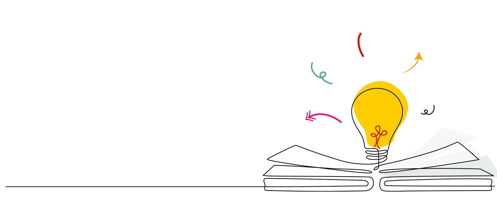 Illustration of a book in one continuous drawn line that connects to a lightbulb. There are arrows and squiggles around the lightbulb.