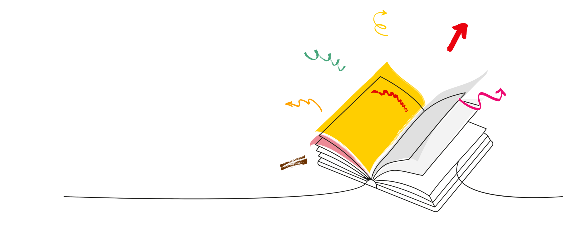 Illustration of a book with a single line. Coloured shapes and icons are bursting from its pages