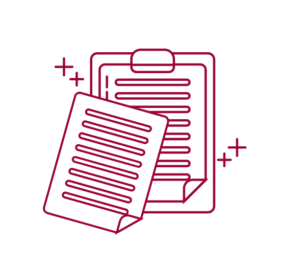 a line drawing of a survey report in burgundy and white