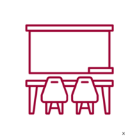 projector screen with a desk and two chairs